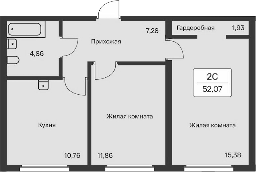 2-комнатная квартира 52.07 м², 1/11 эт., ЖК «Расцветай в Янино»